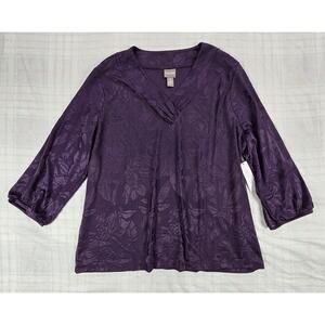 Chico's Womens Floral Jacquard V Neck 3/4 Sleeve Top Purple Dark Fairy XL 3 NWT